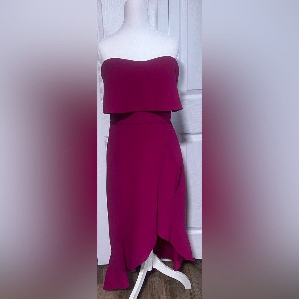 Xscape Crepe Ruffle A-Line Bustier Strapless Dress in Dark Pink
